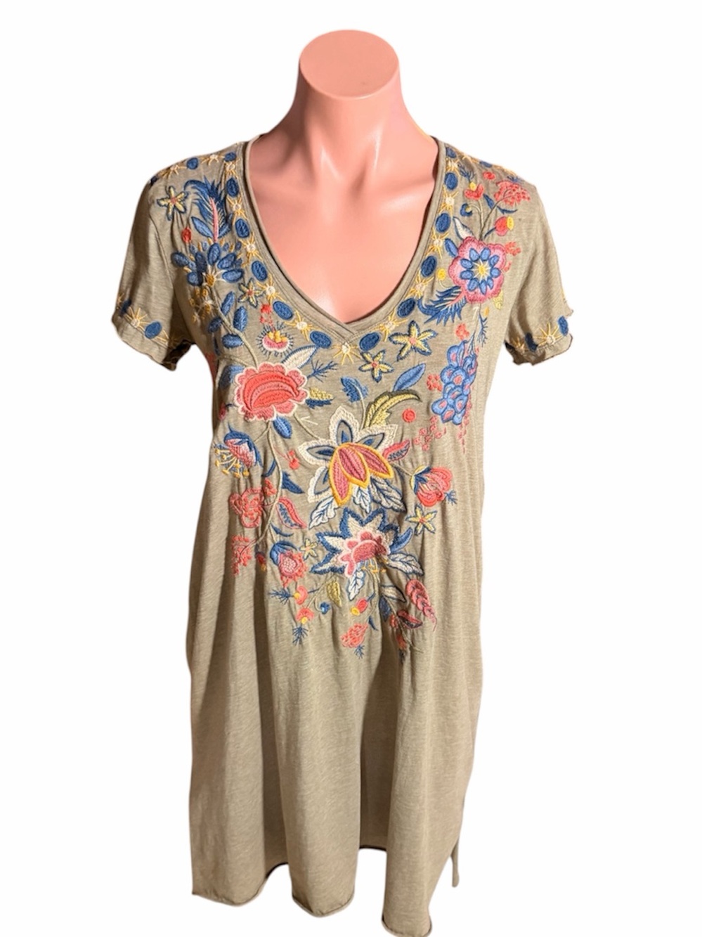 Johnny Was Adeline Mini Dress Embroidered Floral Short Sleeve Tunic Tee size XS
